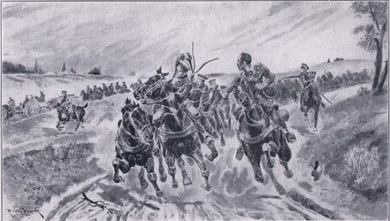 Britse artillerie in positie bij de Slag om Mons, uit The Great War The Amalgamated Press Limited, 1914